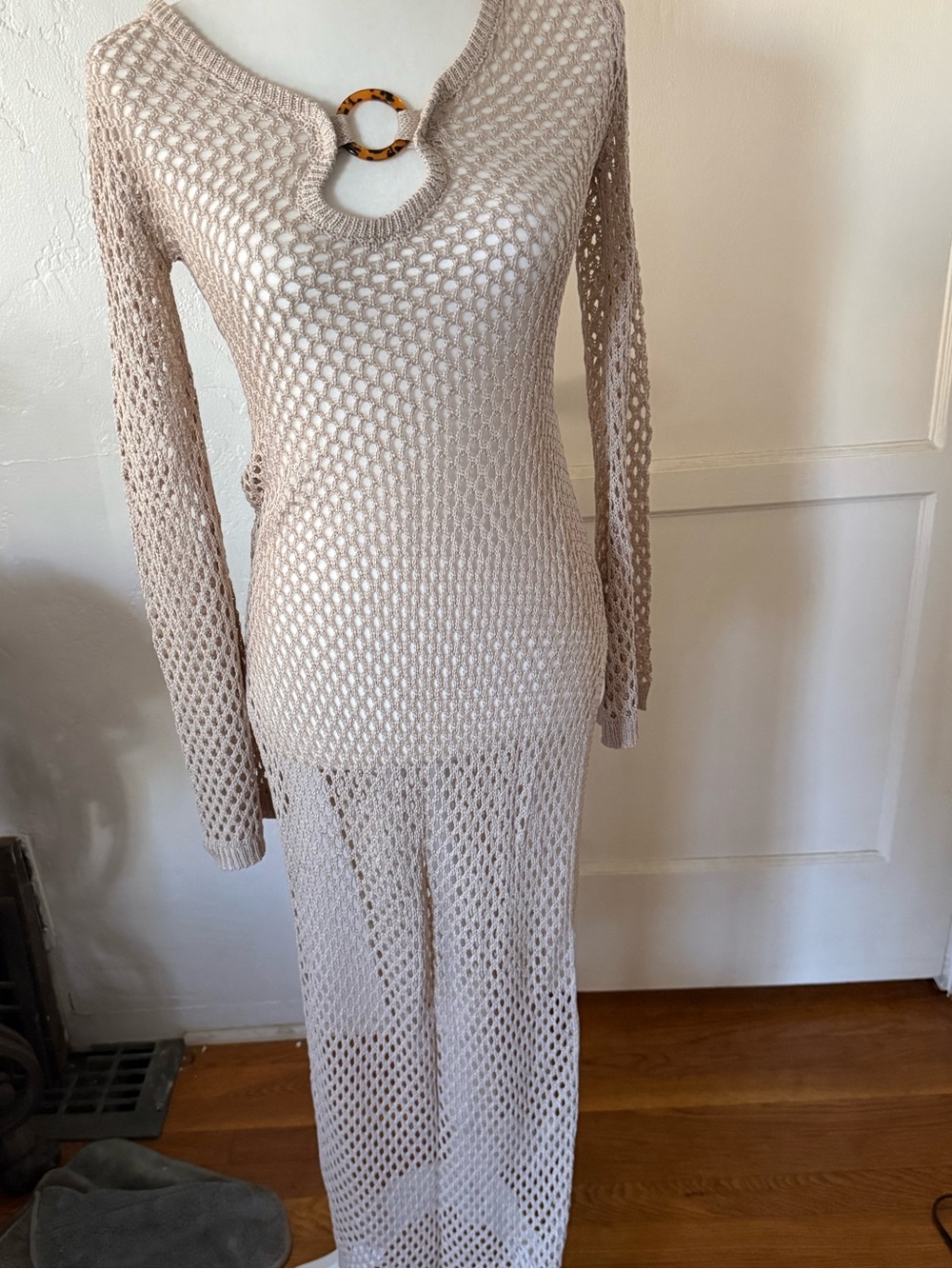 Open Knit Maxi Dress with Tortoise Ring Detail - Cream